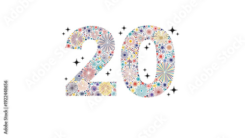 Large number twenty filled with colorful fireworks and celestial motifs celebrates a milestone or significant anniversary event.