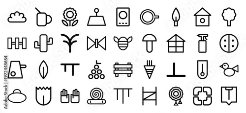 Sustainable gardening and organic farming monoline pictograms for eco-friendly landscaping and botanical design. Minimalist heavy-weight line art featuring horticulture and agriculture symbols.