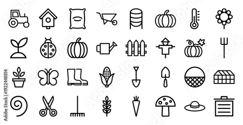 Sustainable agriculture and organic gardening line icons featuring farming equipment, seasonal harvesting tools, and ecological cultivation symbols in a uniform monoline style.