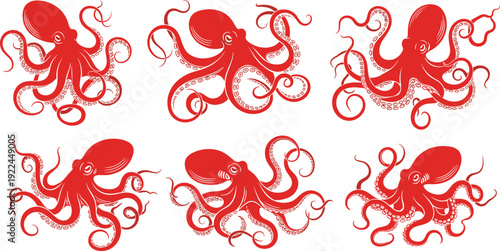 Flat vector illustration set of red octopus collection with various swimming poses and tentacle movements for marine life ocean wildlife and sea creature.