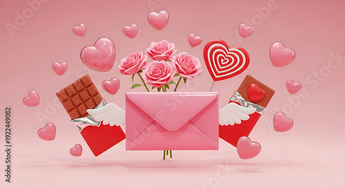 Valentine Arrangement Featuring Pink Roses Envelope Chocolates and Heart Candies on a Soft Pink Background