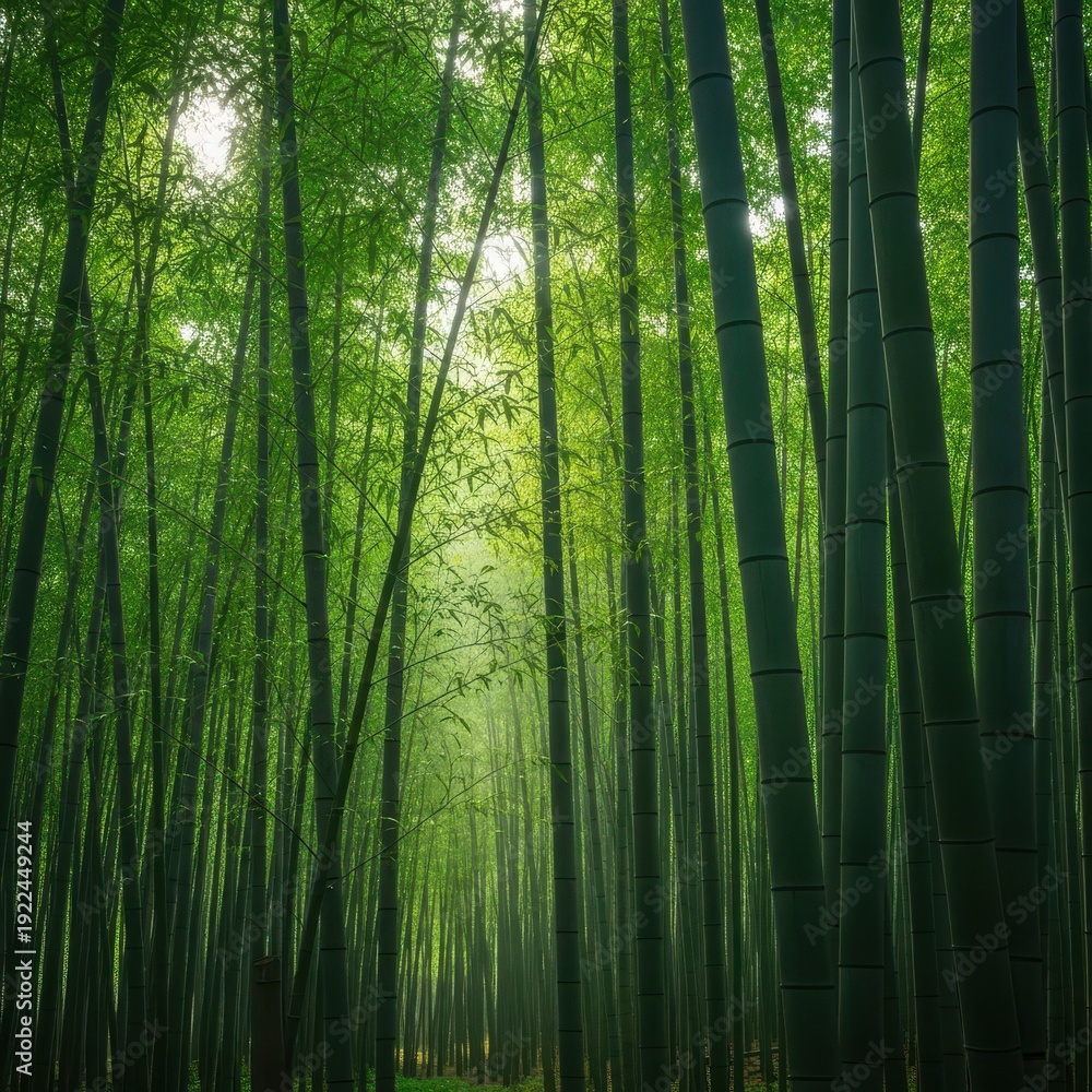 Fototapeta premium Lush Bamboo Forest Canopy - A Serene Green Landscape.