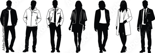 Collection of Professional Men and Women Wearing Formal Business Suits and Smart Casual Attire Standing in Various Poses Silhouette Flat Vector Illustration