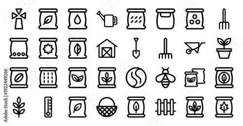 Sustainable agriculture and organic farming icons featuring gardening tools, seed bags, and harvest elements in a clean monoline technical style.