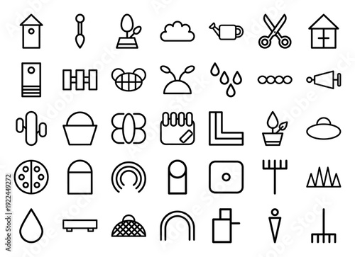 Gardening and landscaping monoline pictograms for outdoor maintenance and horticulture branding. Minimalist geometric line art featuring planting tools and backyard ecology elements.