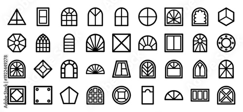 Architectural window frames and structural glazing silhouettes for construction blueprints. Minimalist monoline icons featuring gothic, arched, and geometric portal designs.