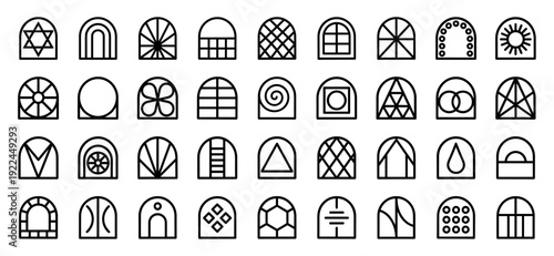 Architectural window silhouette icons featuring arched frames with decorative glass patterns for minimalist interior design and building elevation sketches.