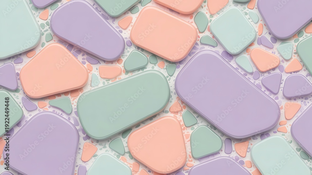 Fototapeta premium Close-up of pastel colored rounded geometric shapes on a speckled terrazzo surface