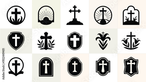 Collection of christian cross logos and symbols on various backgrounds and shapes for design and branding purposes
