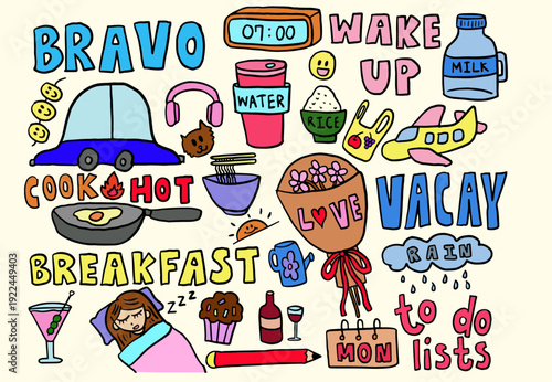 Cute hand drawn vector illustrations of car, fried egg in a pan, clock, water tumbler, rice bowl, tote bag, airplane, milk carton, noodle bowl and chopstick, sun, chocolate cupcake, flower bouquet