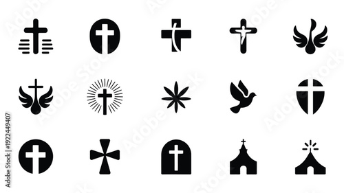 Collection of christian cross symbols and icons in various styles on white background for design and faith concepts