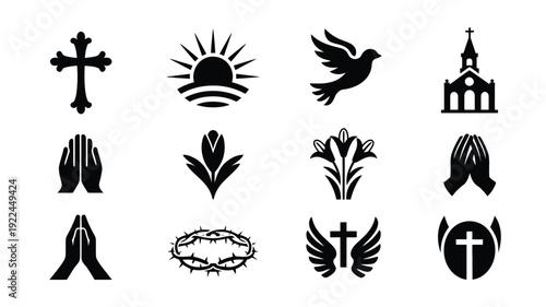 Vector graphic design showcasing various religious symbols and icons on white background
