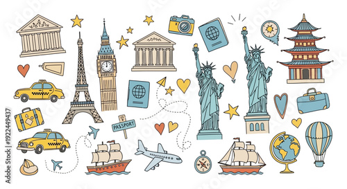 Travel Icons and Landmarks Collection Illustration.