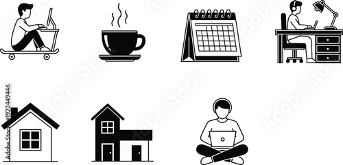Remote work and home office icon set with person on laptop, coffee cup, calendar, house and freelance workspace, vector illustration