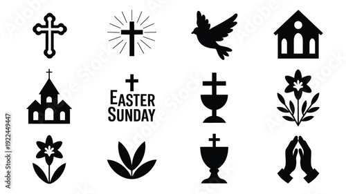 Easter sunday symbols and icons black silhouettes on white background crosses churches doves flowers chalices prayer hands easter celebration elements religious holiday graphics