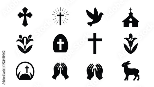 Collection of christian symbols and icons including crosses dove church praying hands and lamb on white background