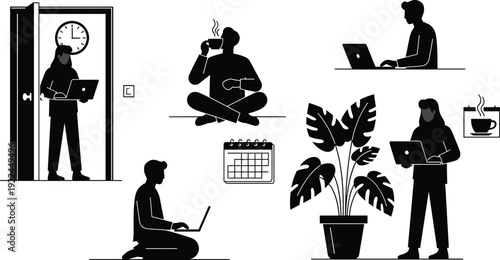 Remote work lifestyle silhouette set with people on laptops, coffee break, office plants and time management icons for freelance business,