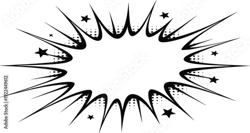 Comic‑style explosion burst illustration featuring jagged spikes, dotted shading, stars, and blank center symbolizing pop art, comics, action, impact, and decorative design graphics