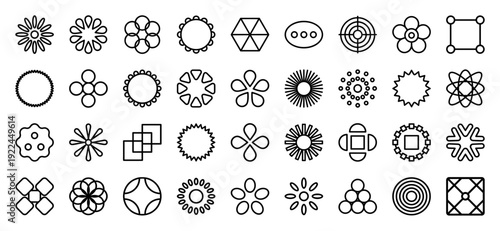 Abstract geometric line art shapes and monoline floral motifs for modern branding. Minimalist symmetrical patterns for contemporary graphic design and textile prints.