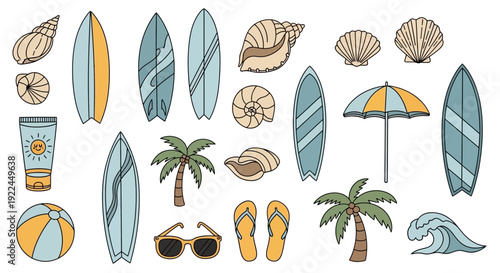 Collection of Summer Beach Vacation Items.