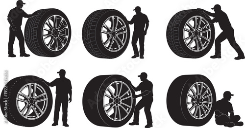 Auto mechanic technician silhouettes set rolling and repairing large car tires, professional automotive service, garage maintenance icons isolated on white,
