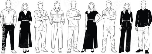 Diverse group of professional men and women in casual business attire minimalist line art style for office teamwork and career development flat vector illustration isolated.