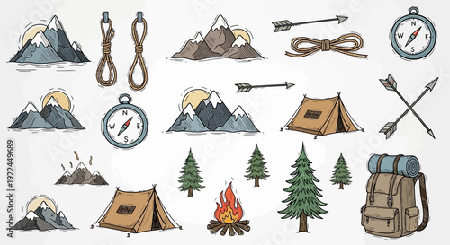 Camping Icons Featuring Mountains and Tents.