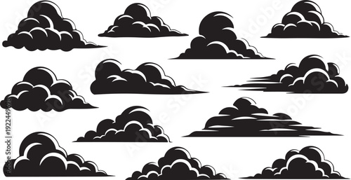 Various Black Cloud Shapes on White Background Illustration Set