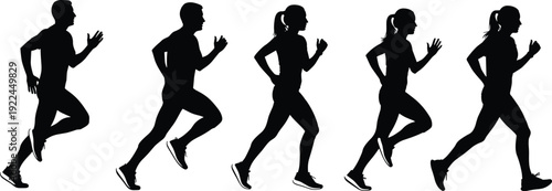 Diverse group silhouettes of men and women running and jogging featuring active athletes in motion for fitness health marathons and outdoor sports flat vector illustration isolated