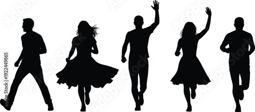 Diverse group silhouettes of men and women running and waving featuring active people in motion for fitness and social celebration concepts.