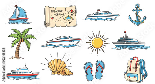 Collection of Hand Drawn Summer Vacation Icons.