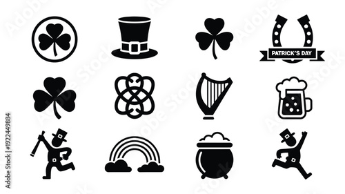 St patrick's day icons set including shamrocks leprechaun hat rainbow pot of gold and beer
