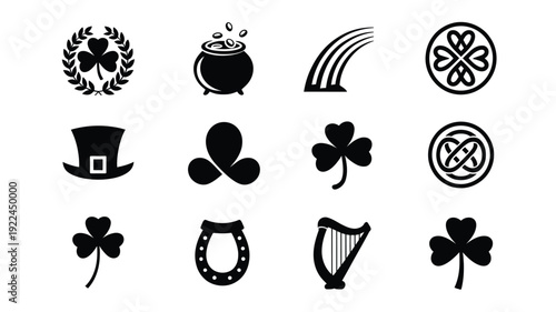 St patrick's day icons set including shamrocks pot of gold rainbow celtic knot leprechaun hat harp horseshoe and four leaf clover on white background
