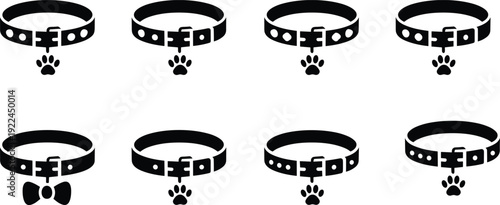 Dog collar silhouette illustration set featuring eight black designs with paw print charms and bowtie variations symbolizing pets, accessories, fashion, and animal care graphics