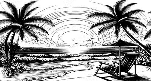 Vector beach line art, ocean, coast, shore, sea, summer, vacation, travel, sand, waves, water, landscape, outline, minimal, design, illustration, palm, tree, sun, horizon, nature, tropical, island