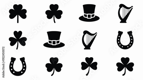 St patrick's day icons including four leaf clovers top hats harp and horseshoes in black on white grid background