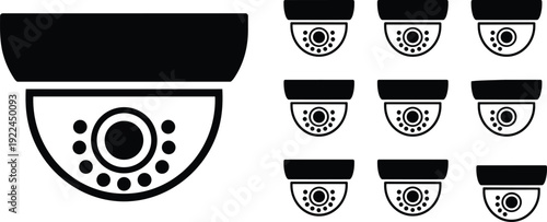 Dome security camera icon set featuring surveillance designs with lens, infrared LEDs, and housing variations symbolizing monitoring, privacy, safety, protection, and digital security graphics