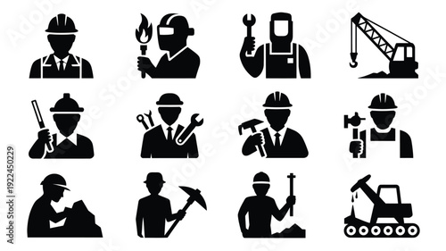 Vector logo bundle showcasing 12 construction worker silhouettes with tools and machinery on white background