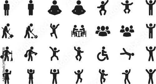 Black stick figure icons set representing various human activities, people silhouettes, working, dancing, sitting, jumping, teamwork, and accessibility symbols on white.