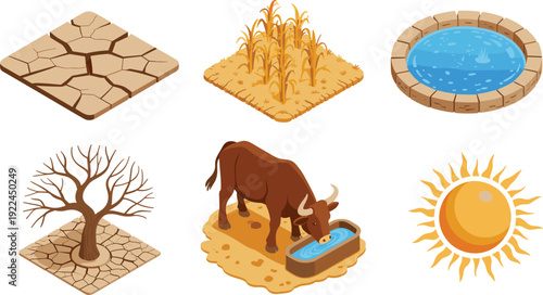 Drought illustration set featuring cracked soil, withered crops, leafless tree, cow drinking water, reservoir, and sun symbolizing agriculture, climate, environment, and survival graphics