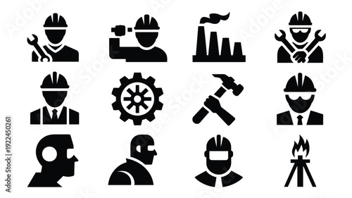 Industrial workers icons set with construction and engineering symbols tools and equipment on white background