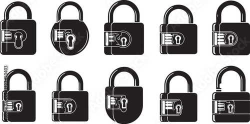 Various black padlocks and keys on white background illustration