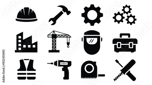 Construction and industrial icons set including hard hat hammer gears tools and safety equipment on white background