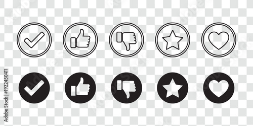 Social Media Reaction & Feedback Icons Set. UI UX Symbols Like, Dislike, Star, Heart, Checkmark. Outline and Solid Styles.