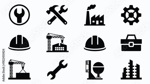 Collection of 12 black flat vector industrial icons including tools and construction symbols on white background