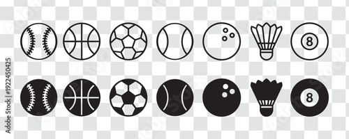 Sports Ball and Equipment Icons Set Outline and Solid Vector Collection