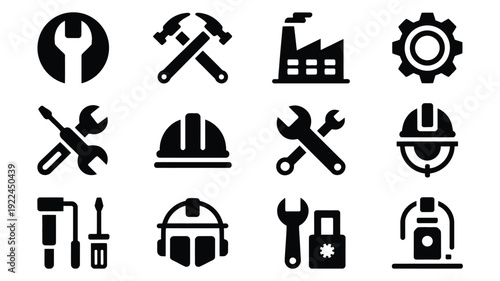 Collection of 12 black silhouette construction icons including tools and safety gear on white background for industrial design