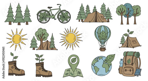 Outdoor Adventure Icons with Nature Elements.