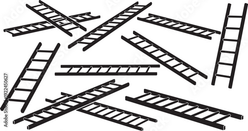 Collection of black ladders in various positions and angles