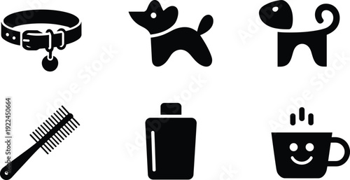 Pet care silhouette icon set featuring dog collars, stylized dogs, grooming comb, shampoo bottle, and coffee cup symbolizing pets, grooming, comfort, and animal care graphics